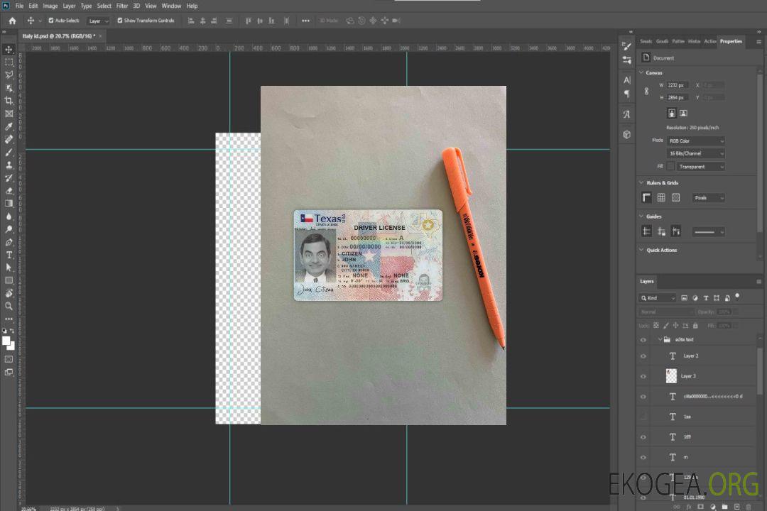 Modèle de permis de conduire USA Texas au format PSD, entièrement modifiable (2020 – présent) photolook FRONT template